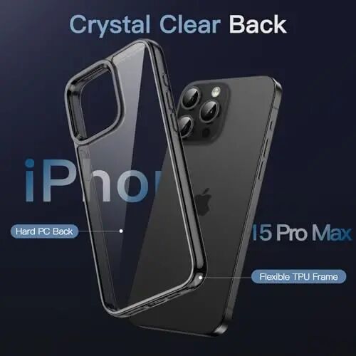 JETech iPhone 15 Pro Max 6.7-Inch uchun g‘ilof, Sariqlamaydigan zarbga chidamli telefon bamperi, Tirnalishga qarshi shaffof orqa qism (Qora) - 3