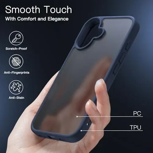 JETech iPhone 16 6.1 dyuym uchun mat qopqoq, zarbga chidamli harbiy darajadagi tushishdan himoya, muzli yarim shaffof orqa telefon qopqog'i, barmoq izlariga qarshi (Bo'ron ko'k) - 4