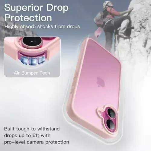 JETech iPhone 16 6.1-dyuym uchun matli g‘ilof, zarbga chidamli harbiy darajadagi tushishdan himoya, muzli yarim shaffof orqa telefon qopqog‘i, barmoq izlariga qarshi (och pushti) - 3