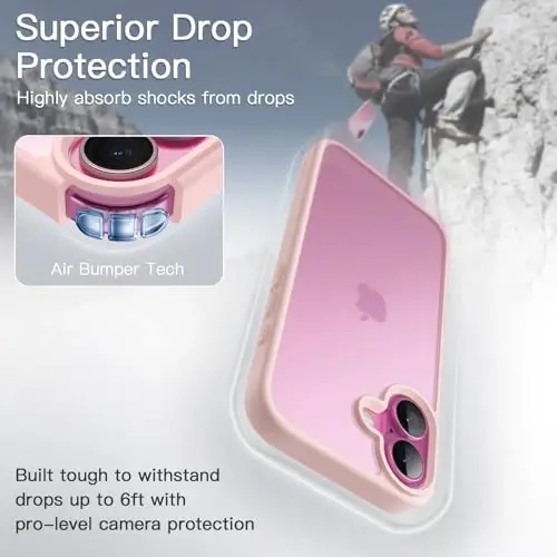 JETech iPhone 16 6.1-dyuym uchun matli g‘ilof, zarbga chidamli harbiy darajadagi tushishdan himoya, muzli yarim shaffof orqa telefon qopqog‘i, barmoq izlariga qarshi (och pushti) - 3