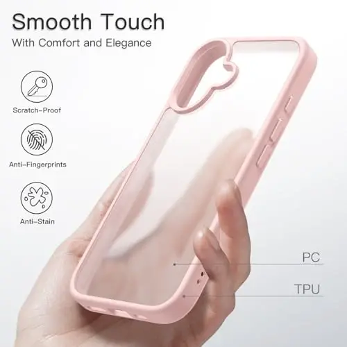 JETech iPhone 16 6.1-dyuym uchun matli g‘ilof, zarbga chidamli harbiy darajadagi tushishdan himoya, muzli yarim shaffof orqa telefon qopqog‘i, barmoq izlariga qarshi (och pushti) - 4