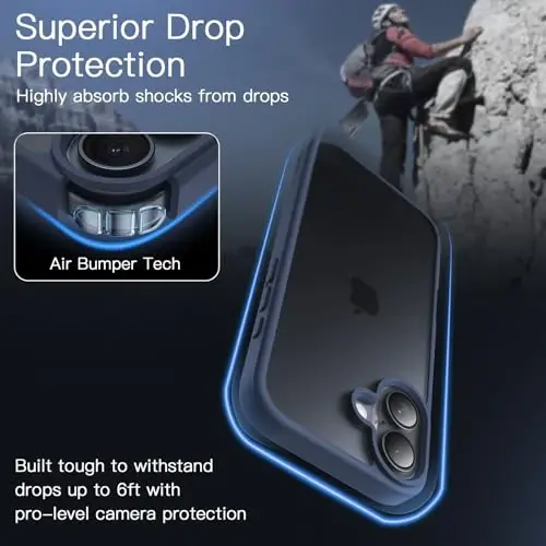 JETech Matte Case for iPhone 16 6.1-Inch, Shockproof Military Grade Drop Protection, Frosted Translucent Back Phone Cover, Anti-Fingerprint (Storm Blue) - 3