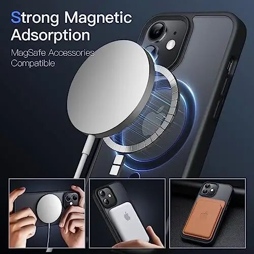 JETech Магнитный чехол для iPhone 12 Mini 5,4 дюйма, совместимый с MagSafe, прозрачный матовый задняя часть тонкий противоударный чехол для телефона (черный) - 4