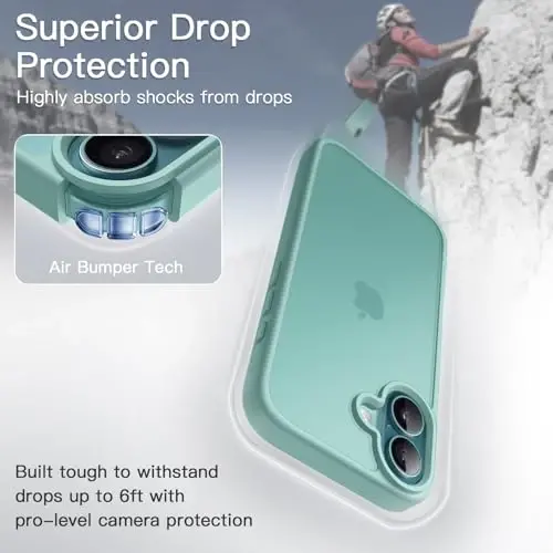 JETech Matte Case for iPhone 16 6.1-Inch, Shockproof Military Grade Drop Protection, Frosted Translucent Back Phone Cover, Anti-Fingerprint (Teal Back) - 3