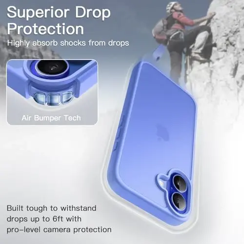 JETech Matte Case для iPhone 16 6.1-Inch, противоударный, защита от падений военного класса, матовая полупрозрачная задняя крышка телефона, защита от отпечатков пальцев (Ultramarine Back) - 3