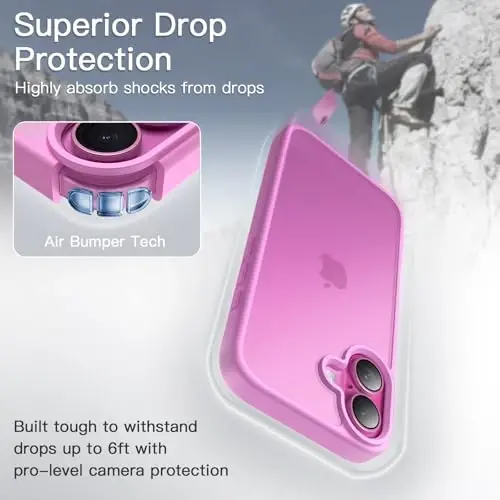 JETech Matte Case for iPhone 16 6.1-Inch, Shockproof Military Grade Drop Protection, Frosted Translucent Back Phone Cover, Anti-Fingerprint (Pink Back) - 3