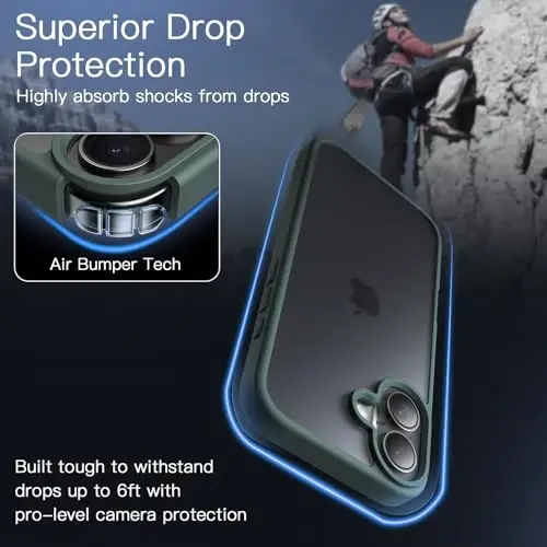 JETech Matte Case for iPhone 16 6.1-Inch, zarbaga chidamli harbiy darajadagi tushishdan himoya, muzlatilgan yarim shaffof orqa telefon qopqog'i, barmoq izlariga qarshi (to'q yashil) - 3