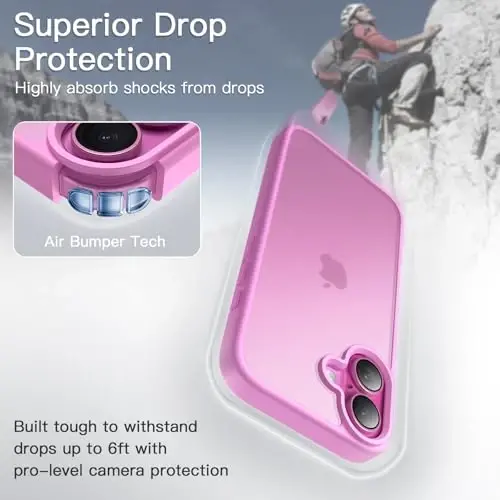 JETech Matte Case for iPhone 16 Plus 6.7-Inch, Shockproof Military Grade Drop Protection, Frosted Translucent Back Phone Cover, Anti-Fingerprint (Pink) - 3