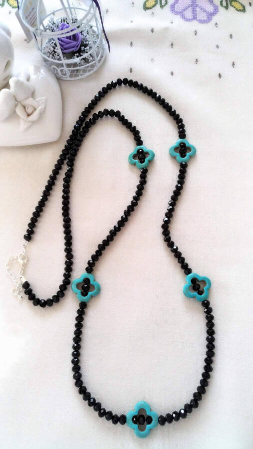 JEWELLERY Custom Designed Crystal and Turquoise Long Ladies Necklace - 1