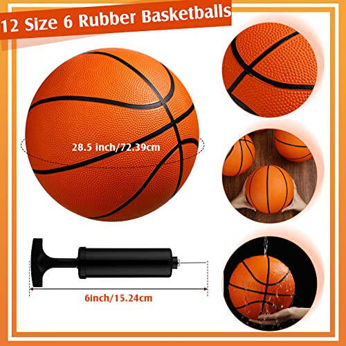Jexine 12 Pcs Basketball Official Rubber Basketball Bulk Outdoor with Air Pump Arcade Game Indoor Match for Adult Youth Swimming Pool Game Training - 2
