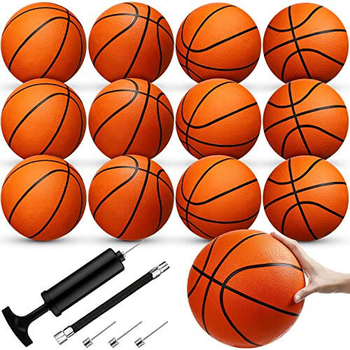 Jexine 12 Pcs Basketball Official Rubber Basketball Bulk Outdoor with Air Pump Arcade Game Indoor Match for Adult Youth Swimming Pool Game Training - 1