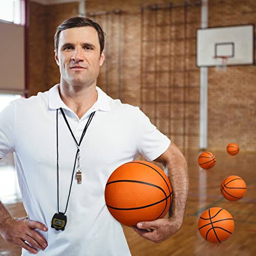 Jexine 12 Pcs Basketball Official Rubber Basketball Bulk Outdoor with Air Pump Arcade Game Indoor Match for Adult Youth Swimming Pool Game Training - 4