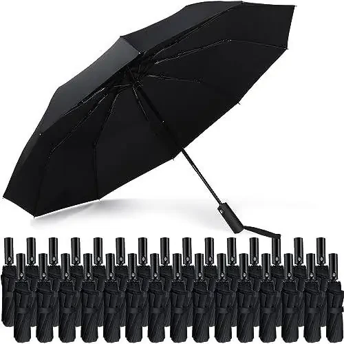 Jexine Automatic Open Close Umbrella Bulk 10 Ribs Portable Travel Windproof Compact Strong Light Folding Umbrellas for Rain Car Backpack, Black - 1