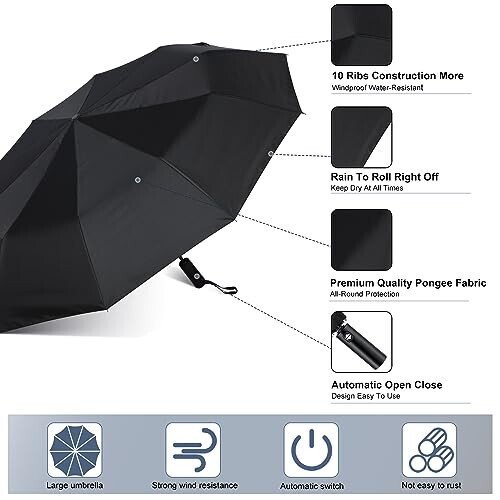 Jexine Automatic Open Close Umbrella Bulk 10 Ribs Portable Travel Windproof Compact Strong Light Folding Umbrellas for Rain Car Backpack, Black - 3