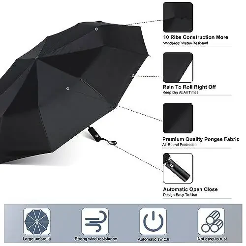 Jexine Automatic Open Close Umbrella Bulk 10 Ribs Portable Travel Windproof Compact Strong Light Folding Umbrellas for Rain Car Backpack, Black - 3