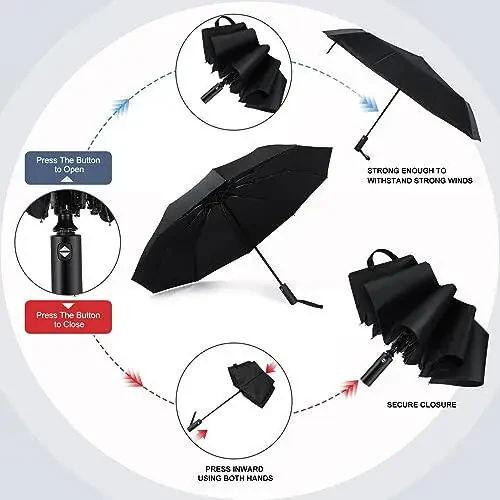 Jexine Automatic Open Close Umbrella Bulk 10 Ribs Portable Travel Windproof Compact Strong Light Folding Umbrellas for Rain Car Backpack, Black - 6
