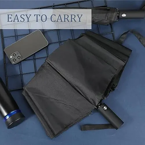 Jexine Automatic Open Close Umbrella Bulk 10 Ribs Portable Travel Windproof Compact Strong Light Folding Umbrellas for Rain Car Backpack, Black - 7