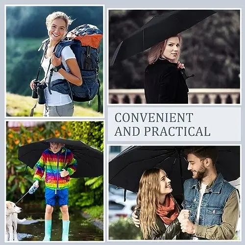 Jexine Automatic Open Close Umbrella Bulk 10 Ribs Portable Travel Windproof Compact Strong Light Folding Umbrellas for Rain Car Backpack, Black - 5