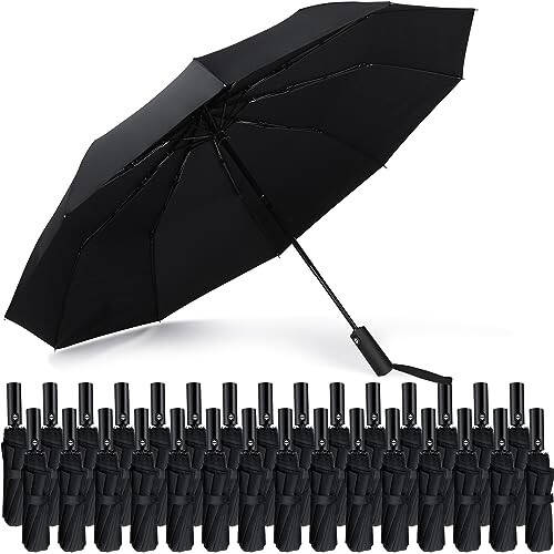 Jexine 30 Pcs Portable Travel Umbrella Bulk 10 Ribs Windproof Automatic Open Close Compact Umbrella Strong Light Folding Umbrella for Rain Car Backpack, Black - 1