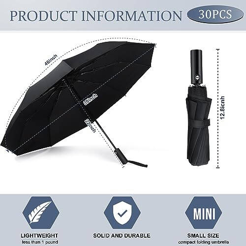 Jexine 30 Pcs Portable Travel Umbrella Bulk 10 Ribs Windproof Automatic Open Close Compact Umbrella Strong Light Folding Umbrella for Rain Car Backpack, Black - 2