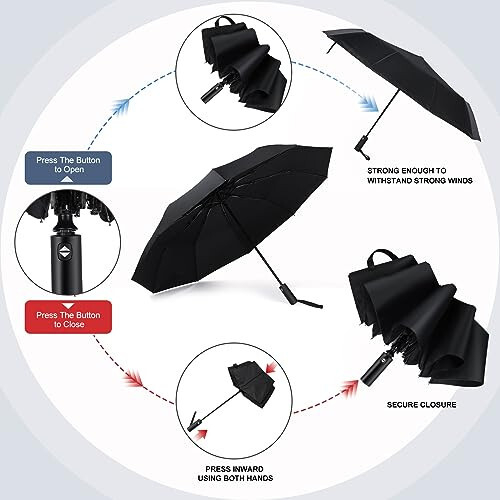 Jexine 30 Pcs Portable Travel Umbrella Bulk 10 Ribs Windproof Automatic Open Close Compact Umbrella Strong Light Folding Umbrella for Rain Car Backpack, Black - 6