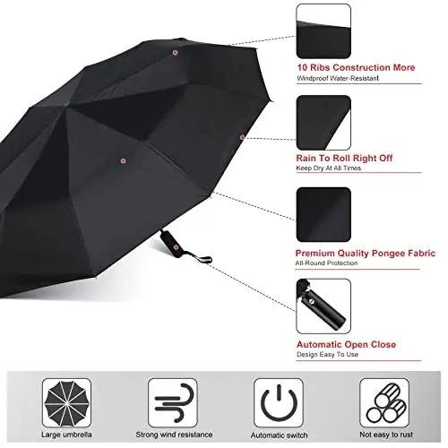 Jexine Automatic Open Close Umbrella Bulk 10 Ribs Portable Travel Windproof Compact Strong Light Folding Umbrellas for Rain Car Backpack, Black - 3