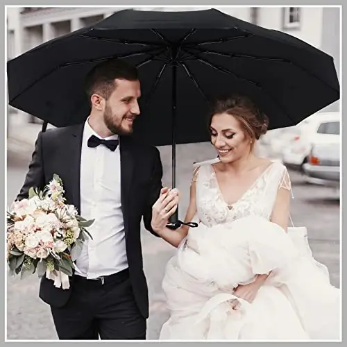 Jexine Automatic Open Close Umbrella Bulk 10 Ribs Portable Travel Windproof Compact Strong Light Folding Umbrellas for Rain Car Backpack, Black - 4