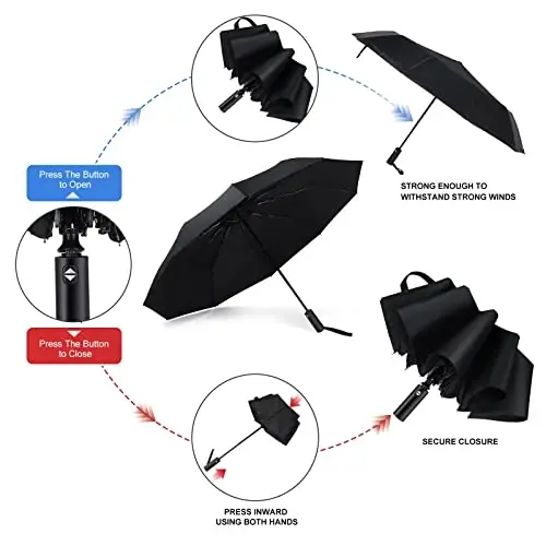 Jexine Automatic Open Close Umbrella Bulk 10 Ribs Portable Travel Windproof Compact Strong Light Folding Umbrellas for Rain Car Backpack, Black - 5