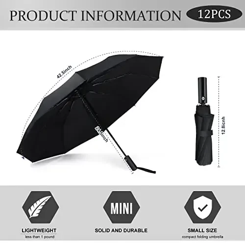 Jexine Automatic Open Close Umbrella Bulk 10 Ribs Portable Travel Windproof Compact Strong Light Folding Umbrellas for Rain Car Backpack, Black(12 Pcs) - 2