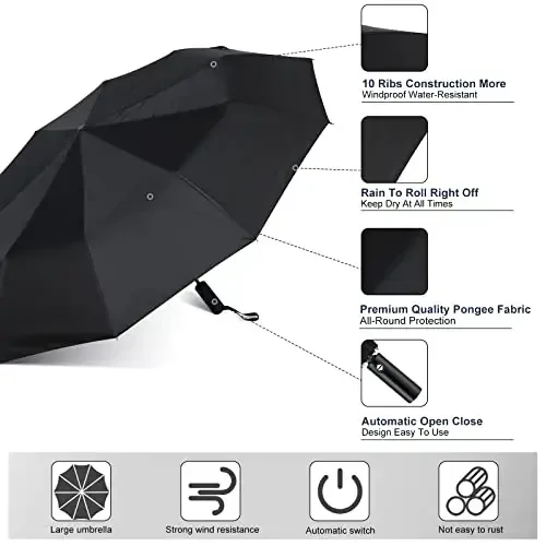 Jexine Automatic Open Close Umbrella Bulk 10 Ribs Portable Travel Windproof Compact Strong Light Folding Umbrellas for Rain Car Backpack, Black(12 Pcs) - 3