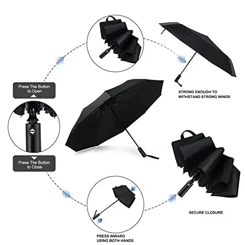 Jexine Automatic Open Close Umbrella Bulk 10 Ribs Portable Travel Windproof Compact Strong Light Folding Umbrellas for Rain Car Backpack, Black(12 Pcs) - 4