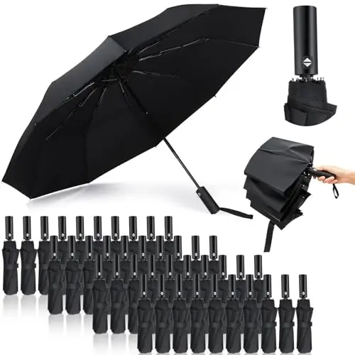 Jexine Automatic Open Close Umbrella Bulk 10 Ribs Portable Travel Windproof Compact Strong Light Folding Umbrellas for Rain Car Backpack, Black - 1