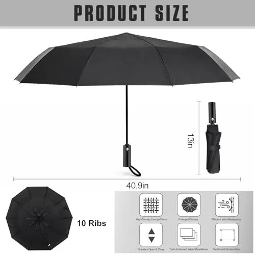 Jexine Automatic Open Close Umbrella Bulk 10 Ribs Portable Travel Windproof Compact Strong Light Folding Umbrellas for Rain Car Backpack, Black - JEXINE (1)