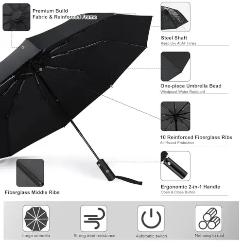 Jexine Automatic Open Close Umbrella Bulk 10 Ribs Portable Travel Windproof Compact Strong Light Folding Umbrellas for Rain Car Backpack, Black - 3