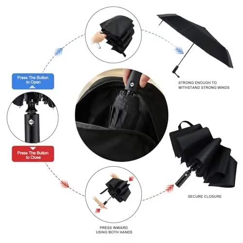 Jexine Automatic Open Close Umbrella Bulk 10 Ribs Portable Travel Windproof Compact Strong Light Folding Umbrellas for Rain Car Backpack, Black - 4