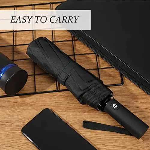 Jexine Automatic Open Close Umbrella Bulk 10 Ribs Portable Travel Windproof Compact Strong Light Folding Umbrellas for Rain Car Backpack, Black - 7