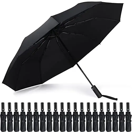 Jexine Automatic Open Close Umbrella Bulk 10 Ribs Portable Travel Windproof Compact Strong Light Folding Umbrellas for Rain Car Backpack, Black - JEXINE