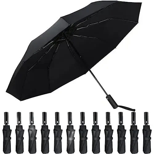 Jexine Automatic Open Close Umbrella Bulk 10 Ribs Portable Travel Windproof Compact Strong Light Folding Umbrellas for Rain Car Backpack, Black(12 Pcs) - JEXINE