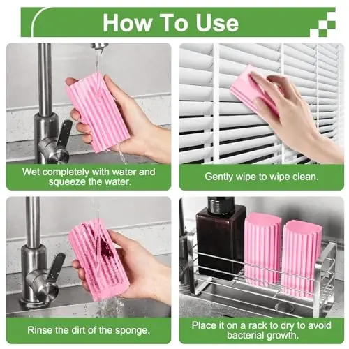 Jeymei 4-Pack Damp Clean Duster Sponge, Sponge Cleaning Brush, Duster for Cleaning Blinds, Glass, Baseboards, Vents, Railings, Mirrors, Window Track Grooves and Faucets Pink Non-Scratch Sponges - 2