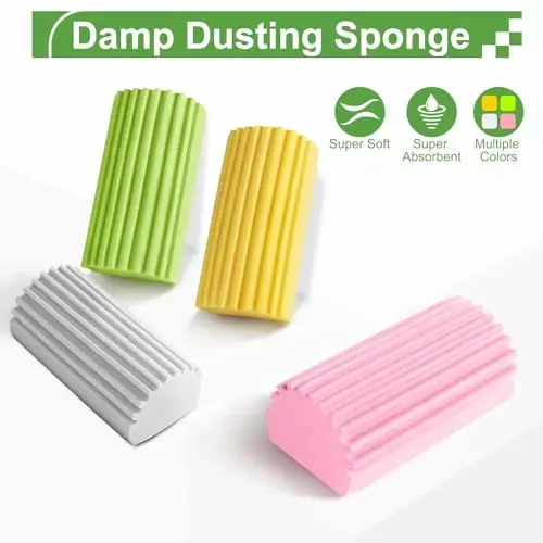 Jeymei 4-Pack Damp Clean Duster Sponge, Sponge Cleaning Brush, Duster for Cleaning Blinds, Glass, Baseboards, Vents, Railings, Mirrors, Window Track Grooves and Faucets Pink Non-Scratch Sponges - 5