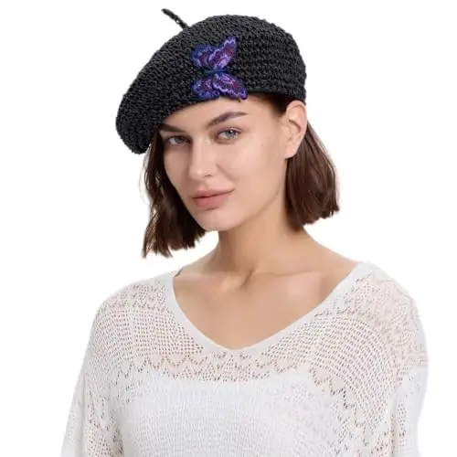 JH JOEJERRY Straw Beret Summer French Beret Hats for Women Artist Crochet Beret - 1