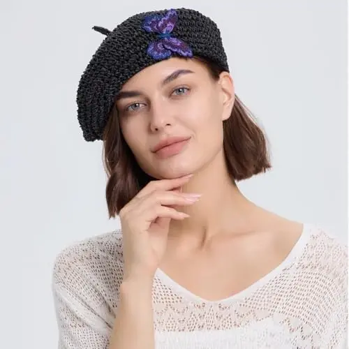 JH JOEJERRY Straw Beret Summer French Beret Hats for Women Artist Crochet Beret - 2