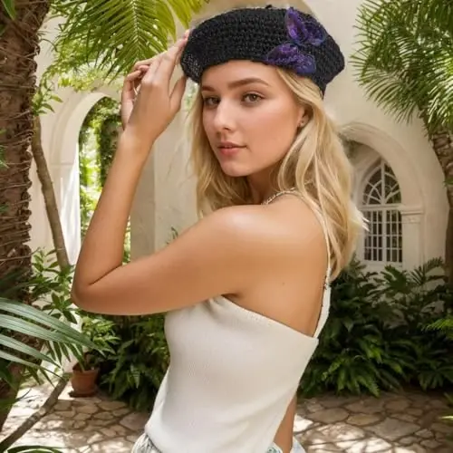 JH JOEJERRY Straw Beret Summer French Beret Hats for Women Artist Crochet Beret - 3