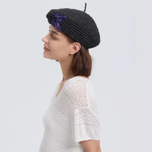 JH JOEJERRY Straw Beret Summer French Beret Hats for Women Artist Crochet Beret - 4