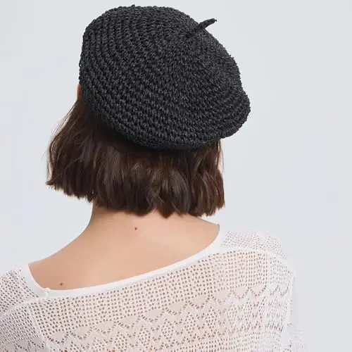JH JOEJERRY Straw Beret Summer French Beret Hats for Women Artist Crochet Beret - 5