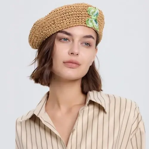 JH JOEJERRY Straw Beret Summer French Beret Hats for Women Artist Crochet Beret - 5