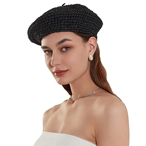 JH JOEJERRY Straw Beret Summer French Beret Hats for Women Artist Crochet Beret - 1