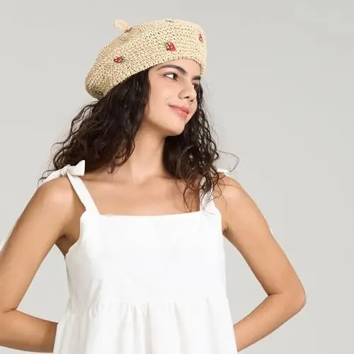 JH JOEJERRY Straw Beret Summer French Beret Hats for Women Artist Crochet Beret - 3