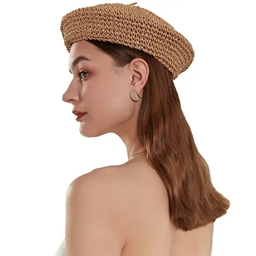 JH JOEJERRY Straw Beret Summer French Beret Hats for Women Artist Crochet Beret - JH JOEJERRY