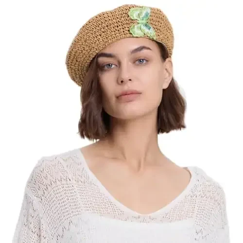 JH JOEJERRY Straw Beret Summer French Beret Hats for Women Artist Crochet Beret - 1